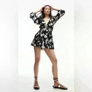 TOPSHOP Elasticated Channel Long Sleeve Romper ~ Multi Floral ~ M ~ NWT